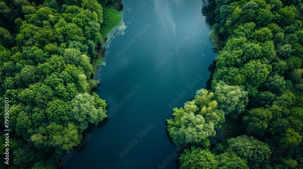 An aerial view of a river flowing through a lush green forest.