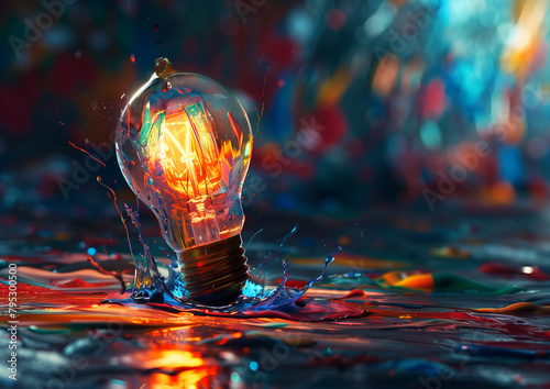 A light bulb is sitting on top of a dark background and a colorful paint splashes on it, in the style of realism with fantasy elements, ambient sculptures