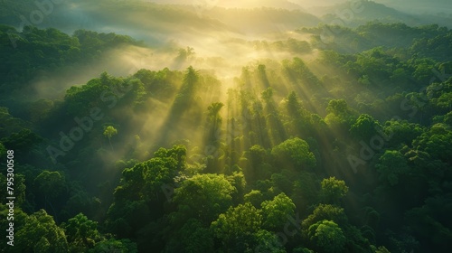 An aerial view of a lush green rainforest with sunlight streaming through the trees. photo