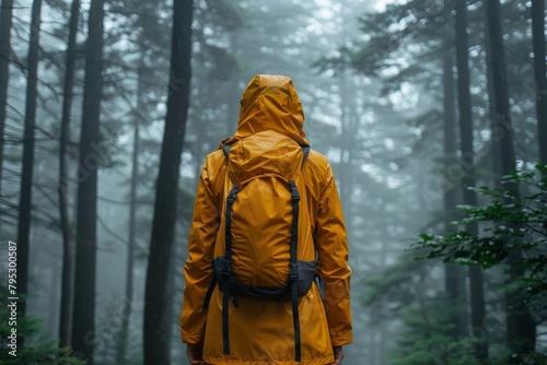 With the forest in a foggy embrace  a person in a vibrant yellow raincoat stands amongst the tall  green trees in silence