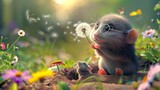 A CGI mole with big bright eyes wearing glasses peers out of an underground mole hill facing the viewer, in its paws it holds an incomplete dandelion by the stem
