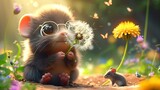 A CGI mole with big bright eyes wearing glasses peers out of an underground mole hill facing the viewer, in its paws it holds an incomplete dandelion by the stem