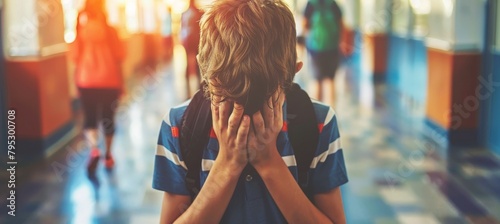 Teenage boy crying in school corridor, symbolizing learning challenges, with blurred background. photo