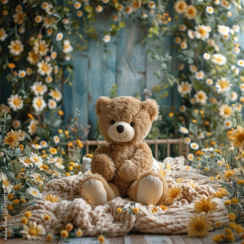 A cute teddy bear sits on a blanket in a field of flowers. The background is a blue wooden fence. The flowers are mostly yellow and white daisies.