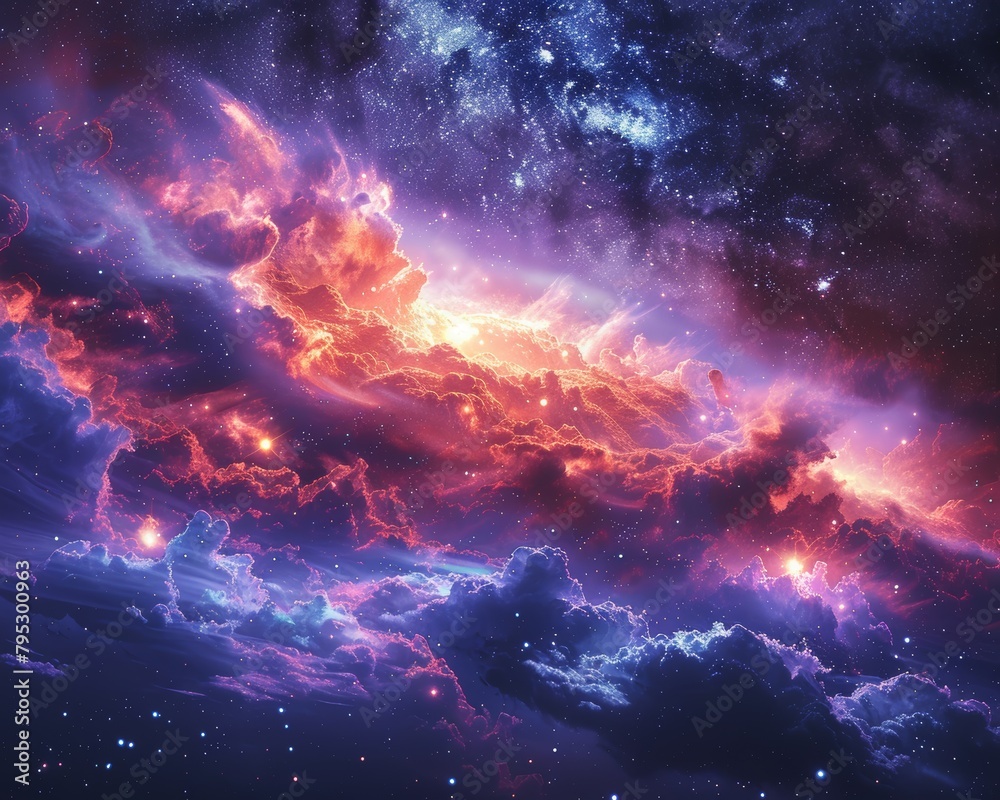A beautiful space nebula with bright red, blue and purple colors.