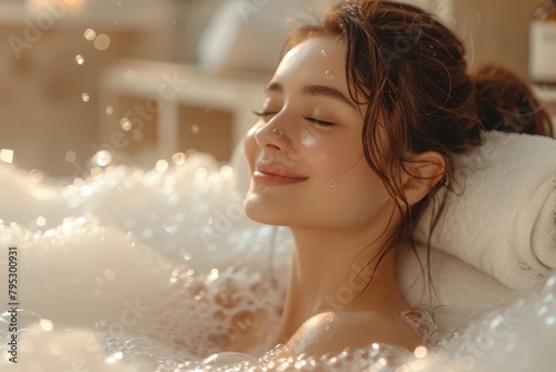 A young woman is captured during a moment of quiet indulgence  submerged in a foamy bubble bath  conveying a sense of relaxation and self-care