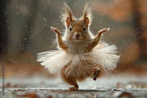 a squirrel wearing a tutu and dancing in the rain. Generative ai photo