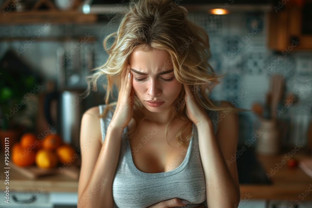 Fototapeta premium A distressed young woman with blonde hair experiencing discomfort or headache in a home kitchen setting