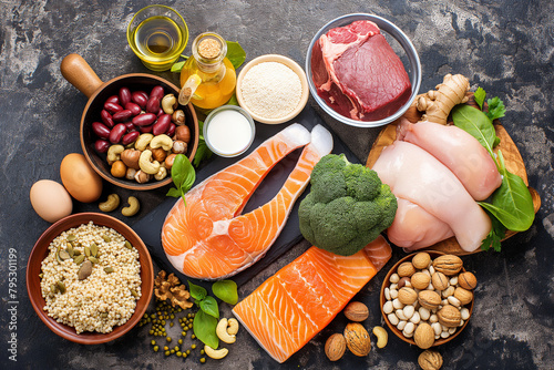 Assortment of protein-rich foods is artfully displayed on a dark textured