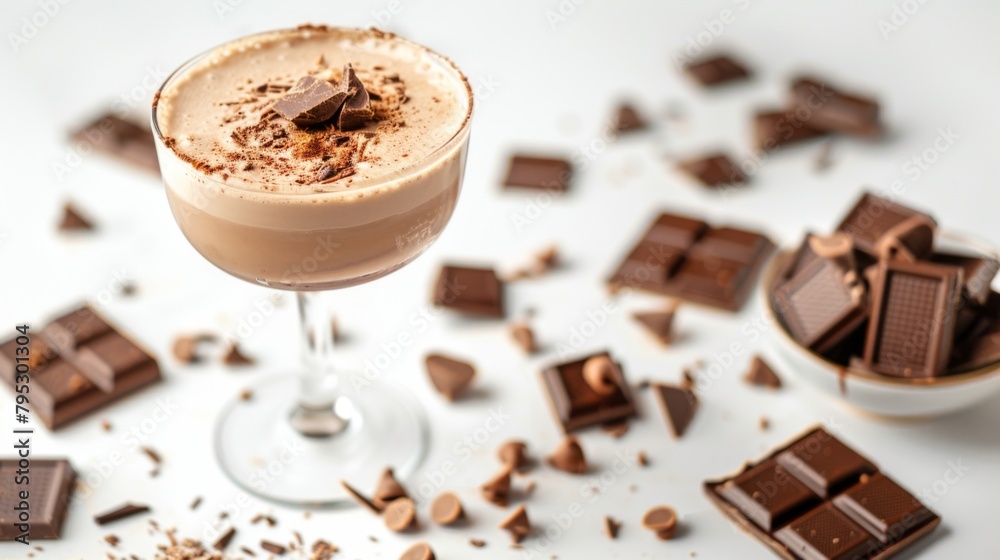 A luxurious chocolate martini in a glass garnished with decadent chocolate pieces is a perfect treat for any chocolate lover. A luxurious chocolate martini in a glass garnished with decadent chocolate pieces is a perfect treat for any chocolate lover.