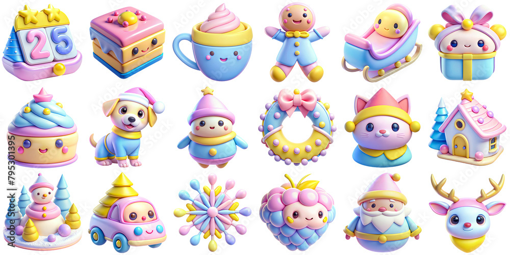 Fototapeta premium Colorful Kawaii 3D Icon Christmas Set Illustrations of Cute Fantasy Characters and Objects