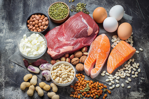 Assortment of protein-rich foods is artfully displayed on a dark textured