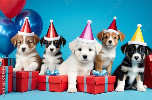 Five cute puppies in colorful holiday hats are sitting on blue background among gift boxes and balloons, holiday concept, birthday, greeting card