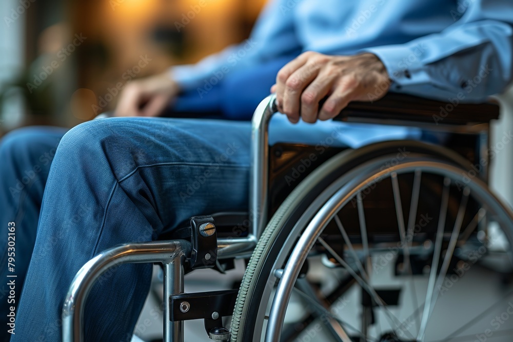 A close-up of a man's hands on the wheel of a wheelchair, symbolizing disability, assistance, and healthcare