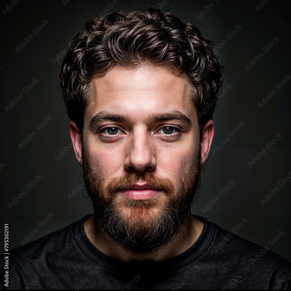Man with black hair and beard, no expression, staring at camera in dark room Man with black hair and beard, no expression, staring at camera in dark room