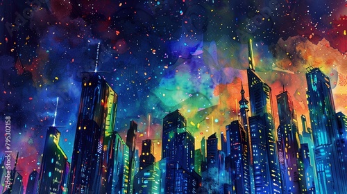 Watercolor painting of a futuristic cityscape with glowing neon lights reflecting off skyscraper windows under a starry night sky