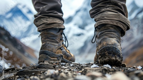 A close-up of a solo hiker's boots on the rugged trails of the Himalayas