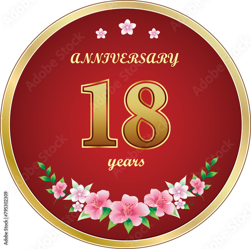 18th Anniversary Celebration. Background design with creative numbers and floral pattern in round golden frame. Vector illustration