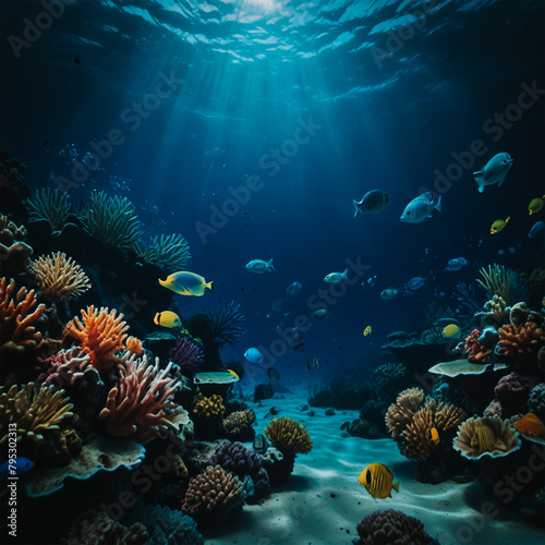 World Ocean Day Deep Blue Ocean Diver and Fishes Background