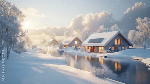 A winter landscape with a frozen river and snow-covered houses.