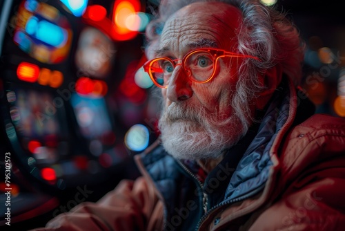 The photo captures an elder's intense focus while engaging with an arcade machine in a lively, illuminated casino setting