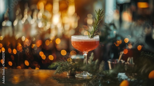 A closeup shot of a cocktail garnished with a fresh rosemary sprig, served in elegant champagne stemware on a table with other barware and food items.