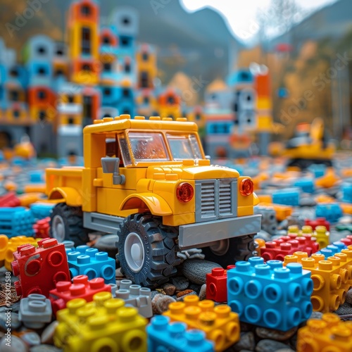 A yellow toy truck drives through a colorful Lego city.