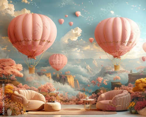 Pink hot air balloons floating over a surreal landscape with mountains, clouds, and cherry blossoms.