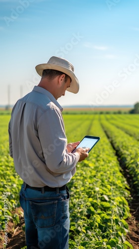 An agricultural field with IoT sensors monitoring crop conditions, a farmer checking data on a mobile device, clear sky and green fields in the background © Cheetose