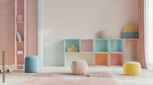 A 3d rendering of a colorful and modern playroom for children. There are pastel pink, blue, and yellow accents throughout the room. The room is furnished with a variety of colorful furniture, includin photo