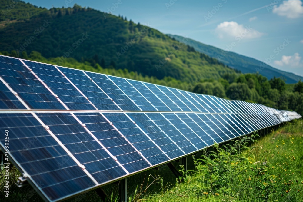 Eco-friendly solar panels in lush green field with scenic mountain backdrop.