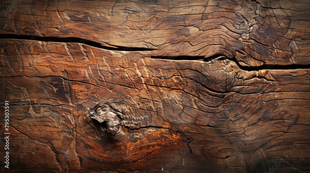 A wooden beam background, with a natural wood grain pattern and a few cracks, in a rustic and earthy setting