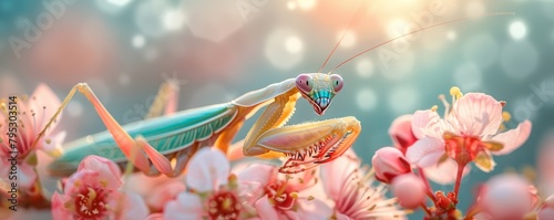 A praying mantis on a flower. photo