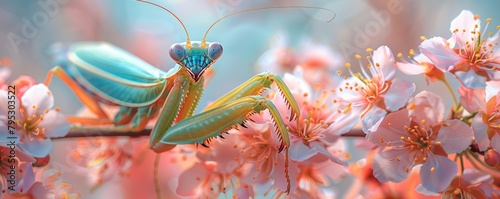 A beautiful praying mantis on a branch of cherry blossoms. photo