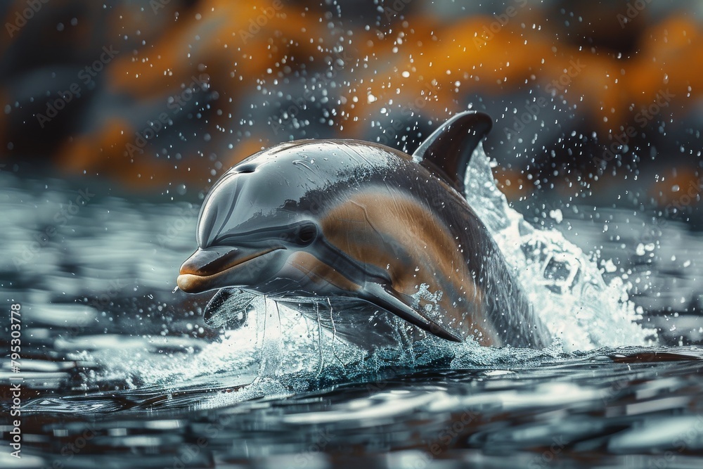 Obraz premium This captivating image showcases a majestic dolphin emerging from the ocean's surface, set against a beautifully blurred autumn background The play of light and water droplets adds to the dynamic sce
