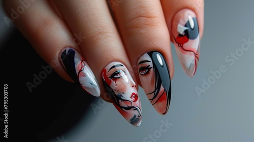 Artistic anime-inspired nail art. Copy Space