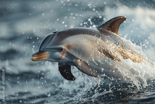 An impressive image of a dolphin bursting through ocean waters, with droplets flying around in a dynamic display © Larisa AI