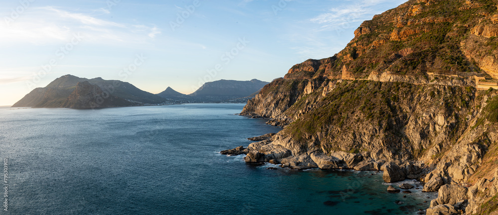 Fototapeta premium The view of the Sentinel, Hout Bay, and Chapmans Peak, as seen from Chapmans Peak South Africa