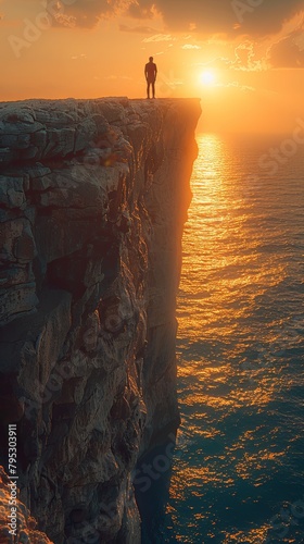 A man standing on a cliff overlooking the ocean at sunset.