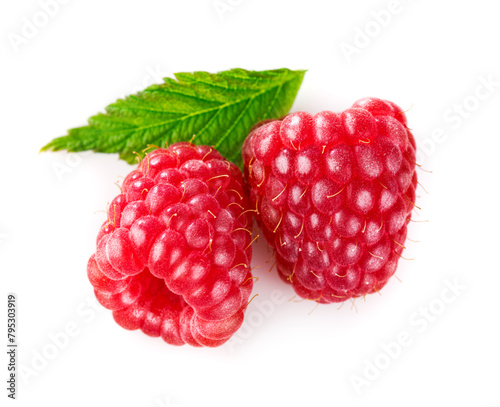 Berry raspberry with green leaves healthy food ripe fruit, isolated on white background. © Yasonya