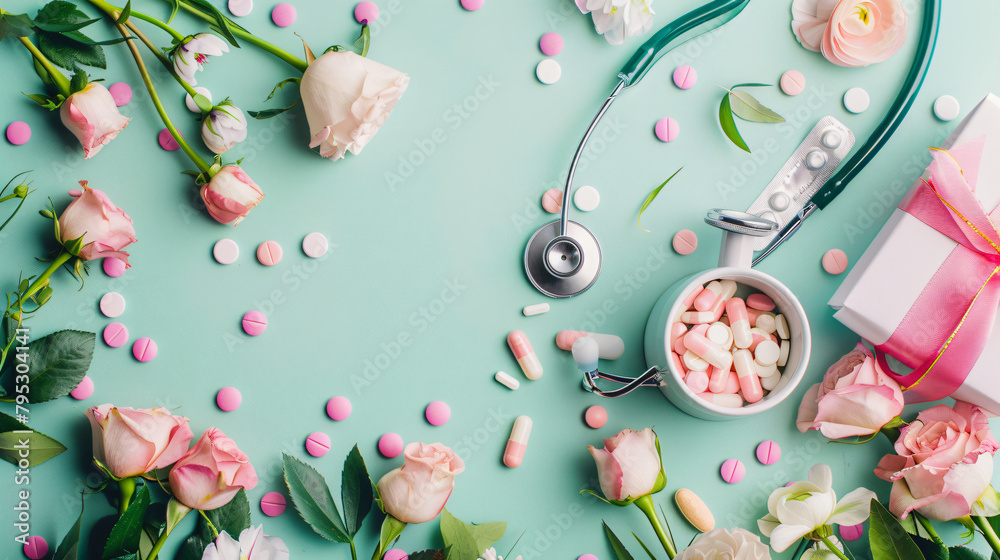 Composition with stethoscope pills flowers and gift 