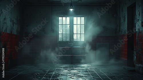 A dark and foggy room with a single window and a bench photo