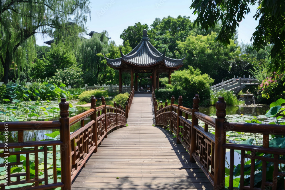 A wooden bridge in a lotus pond, with a Chinese pavilion in the background A wooden bridge in a lotus pond, with a Chinese pavilion in the background