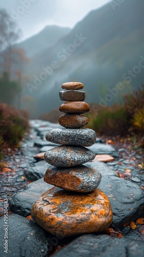 A stack of rocks balanced on each other in the middle of a foggy forest path