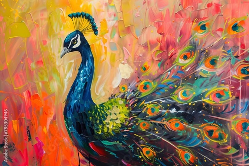 abstract colorful peacock in modern art style acrylic painting on canvas
