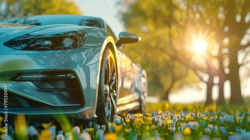 A front on view of a car vehicle with a spring natural background, A car on asphalt road