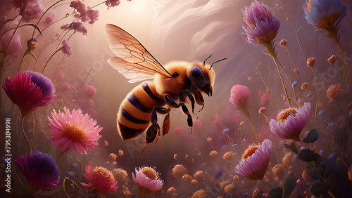 a bee on a flower garden beautiful scenery  AI Generative