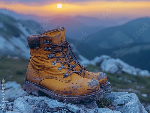 A rugged pair of hiking boots sit on a rocky ledge overlooking a majestic mountain landscape. photo