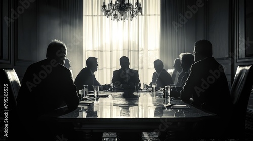 A shadowy group of men in suits sit around a conference table.