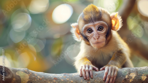 A baby monkey is climbing on a tree photo